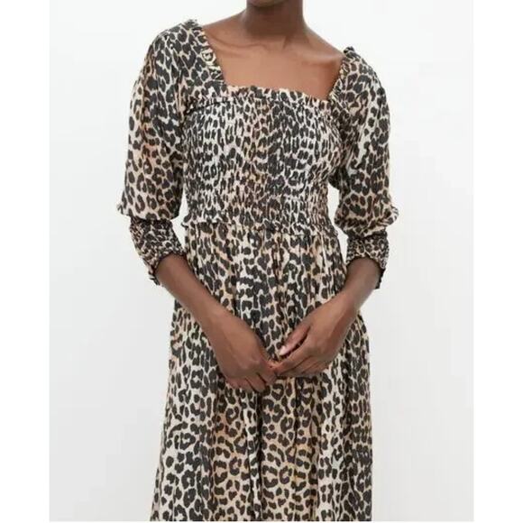 Ganni Dresses & Skirts - GANNI Leopard Print Maxi Dress Smocked Silk Blend EU 32 US 0 Mob Wife‎ Luxury